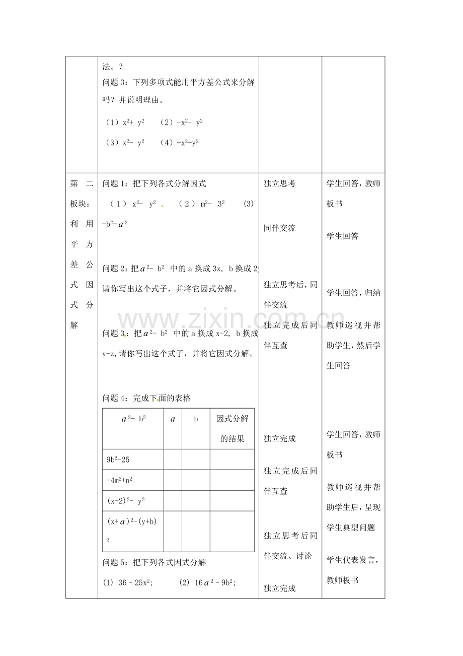 江苏省常州市西夏墅中学七年级数学《乘法公式的再认识－因式分解（二）》教案 苏科版.doc_第2页