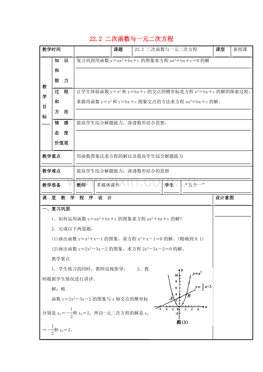 甘肃省通渭县黑燕山学校九年级数学上册 22.2 二次函数与一元二次方程（第2课时）教案 （新版）新人教版.doc_第1页