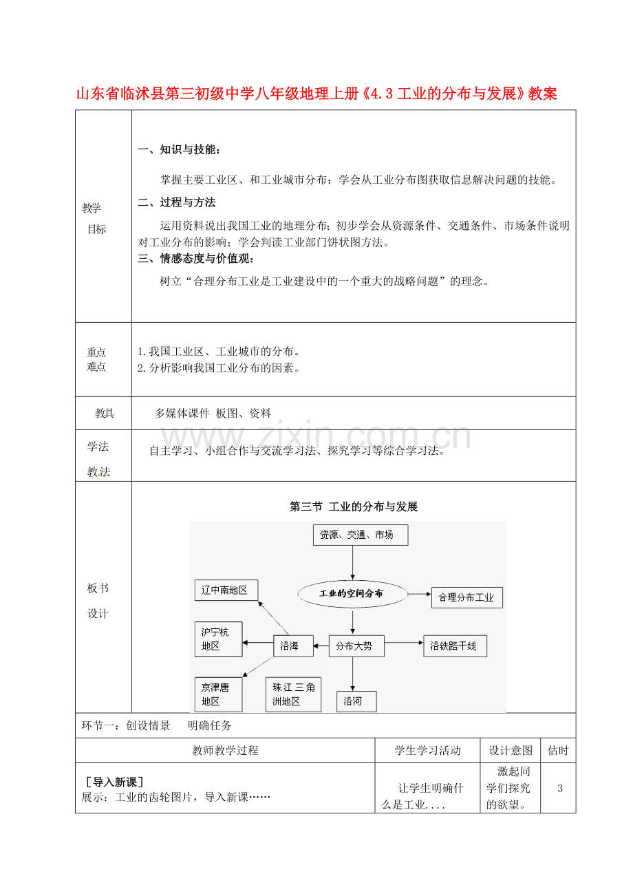 山东省临沭县第三初级中学八年级地理上册《4.3工业的分布与发展》教案.doc_第1页