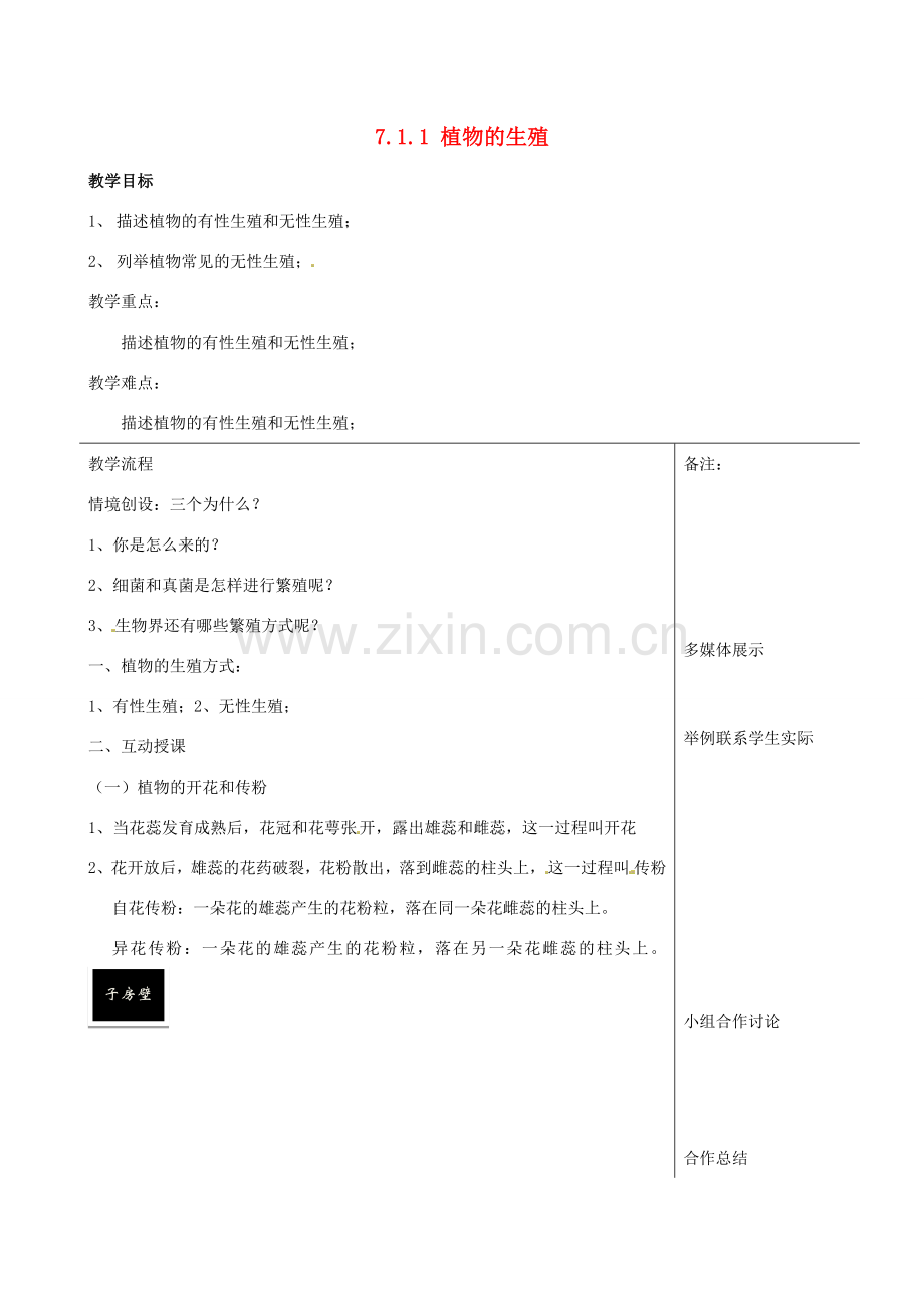 内蒙古包钢五中八年级生物上册《7.1.1 植物的生殖》教案 新人教版.doc_第1页