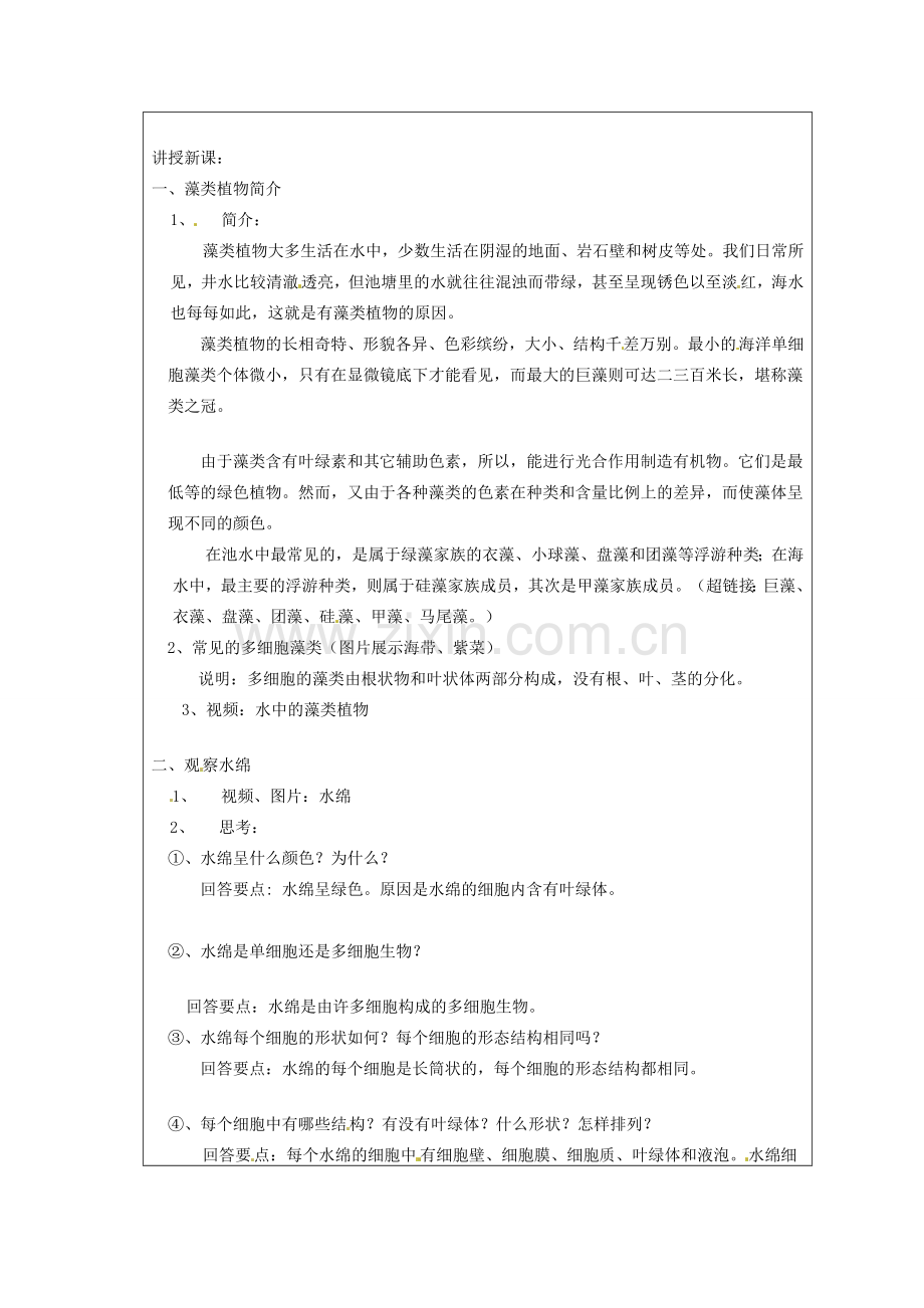 江苏省太仓市第二中学七年级生物下册 10.2 水中的藻类植物教案2 苏科版.doc_第2页