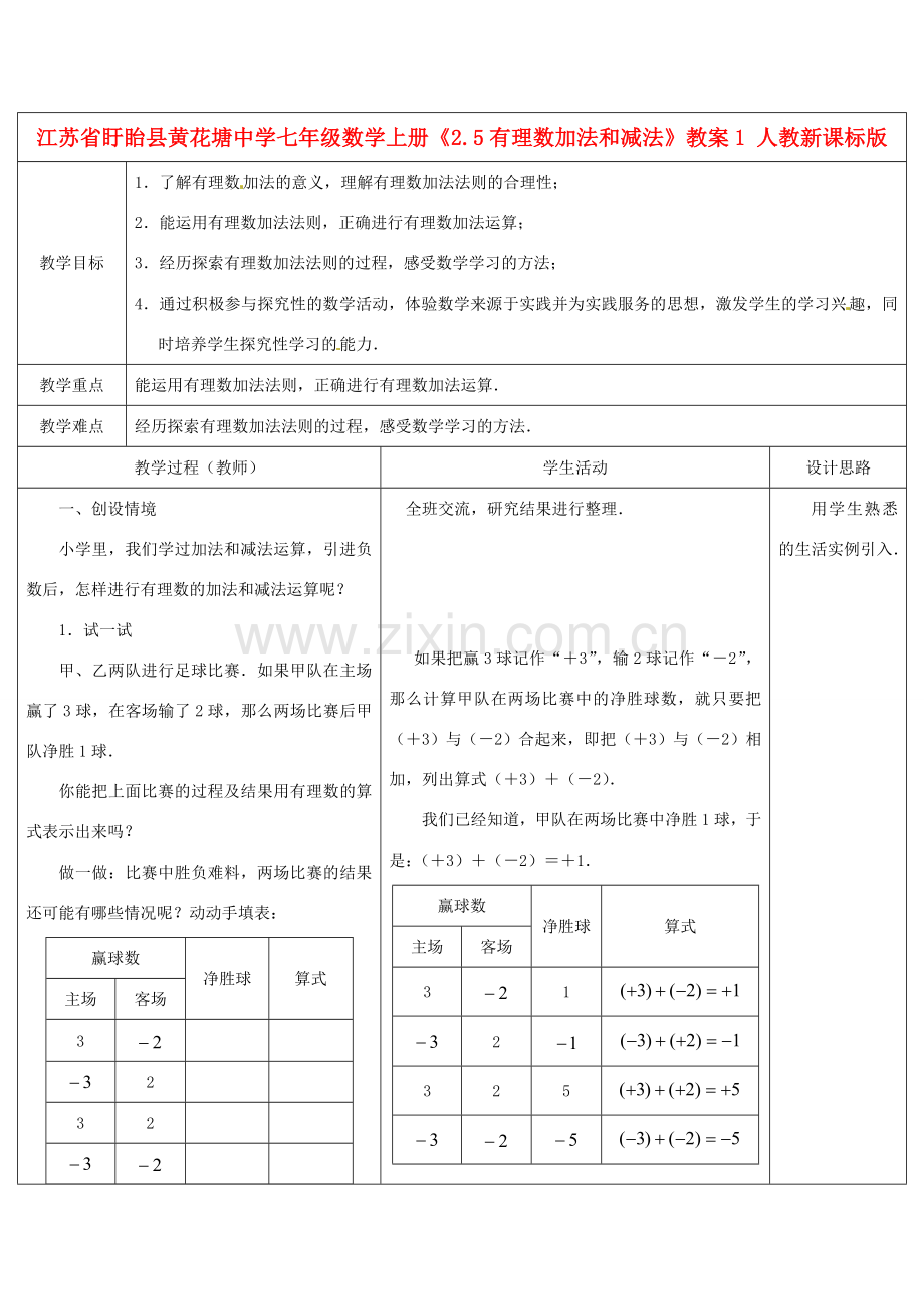 江苏省盱眙县黄花塘中学七年级数学上册《2.5有理数加法和减法》教案1 人教新课标版.doc_第1页