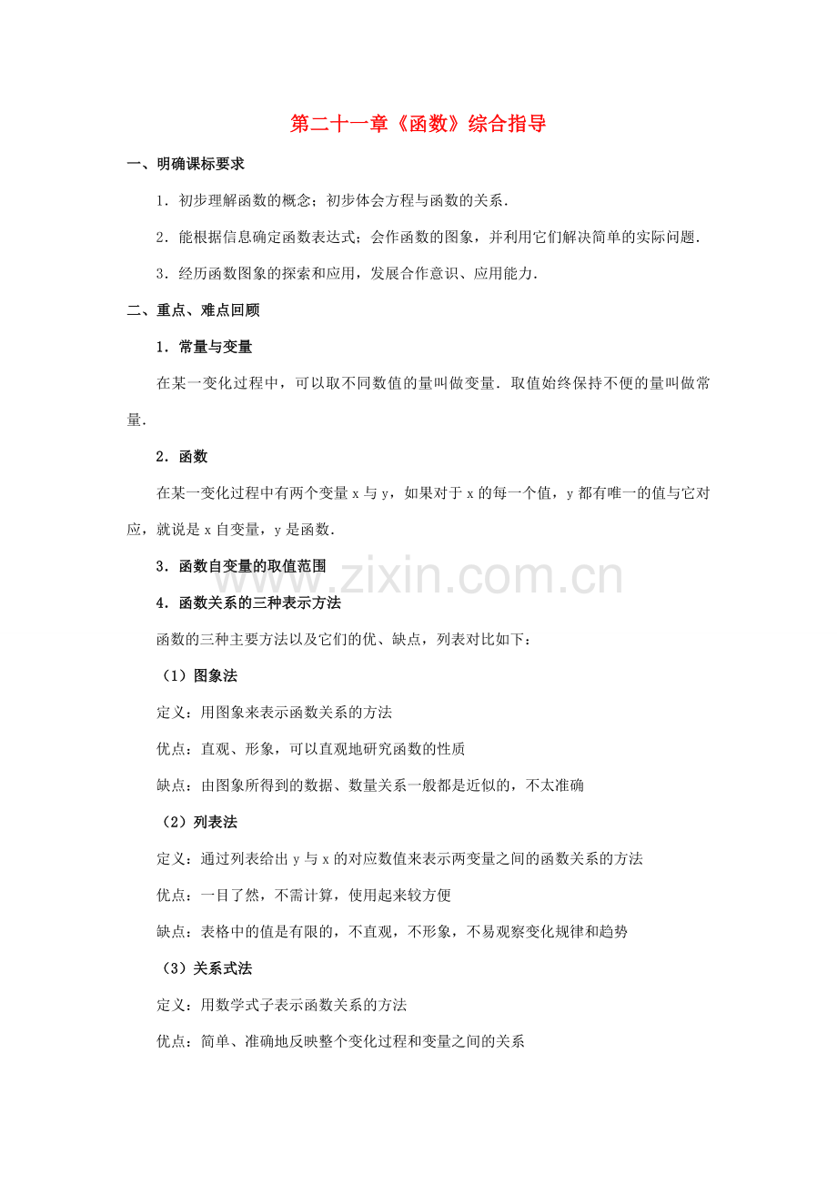 八年级数学下册 第二十一章函数复习教案 冀教版.doc_第1页