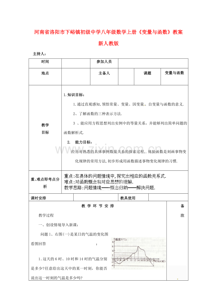 河南省洛阳市下峪镇初级中学八年级数学上册《变量与函数》教案 新人教版.doc_第1页