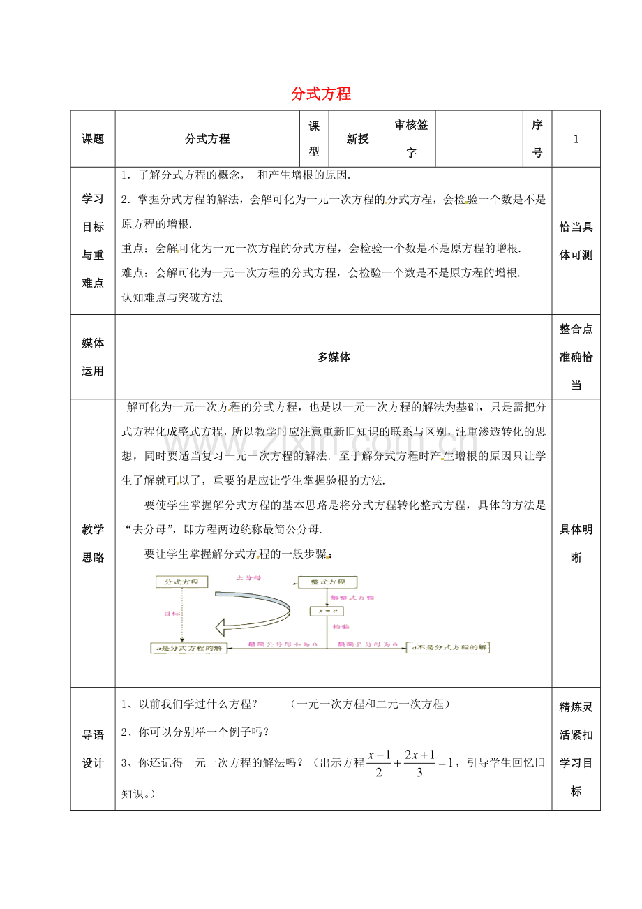 山东省淄博市沂源县鲁村镇八年级数学上册 第二章《分式与分式方程》分式方程（4）教案 鲁教版五四制-鲁教版五四制初中八年级上册数学教案.doc_第1页