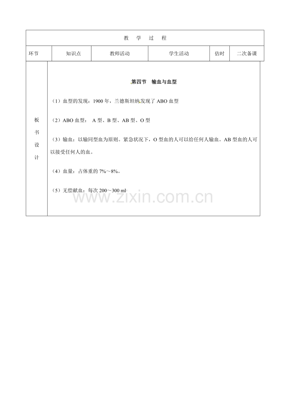 山东省临沭县第三初级中学七年级生物下册《4.4.4输血与血型》教案 新人教版.doc_第2页