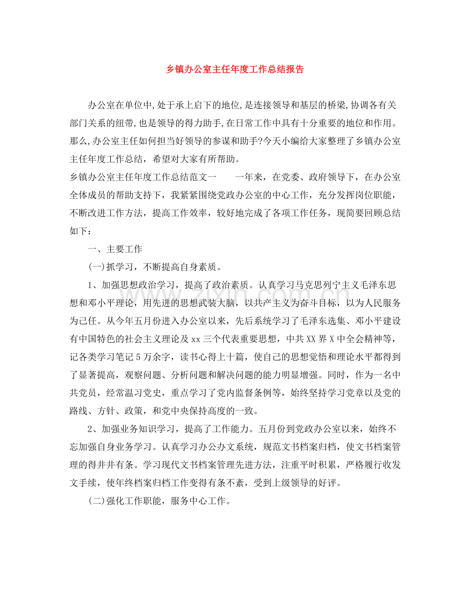 乡镇办公室主任年度工作总结报告.docx_第1页