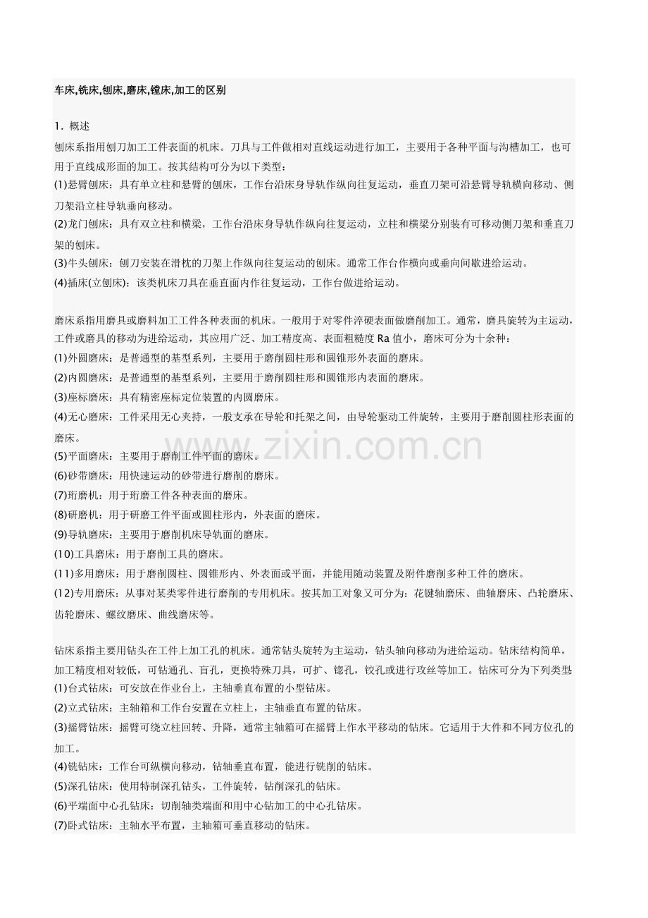 车床,铣床,刨床,磨床,镗床,加工的区别.doc_第1页