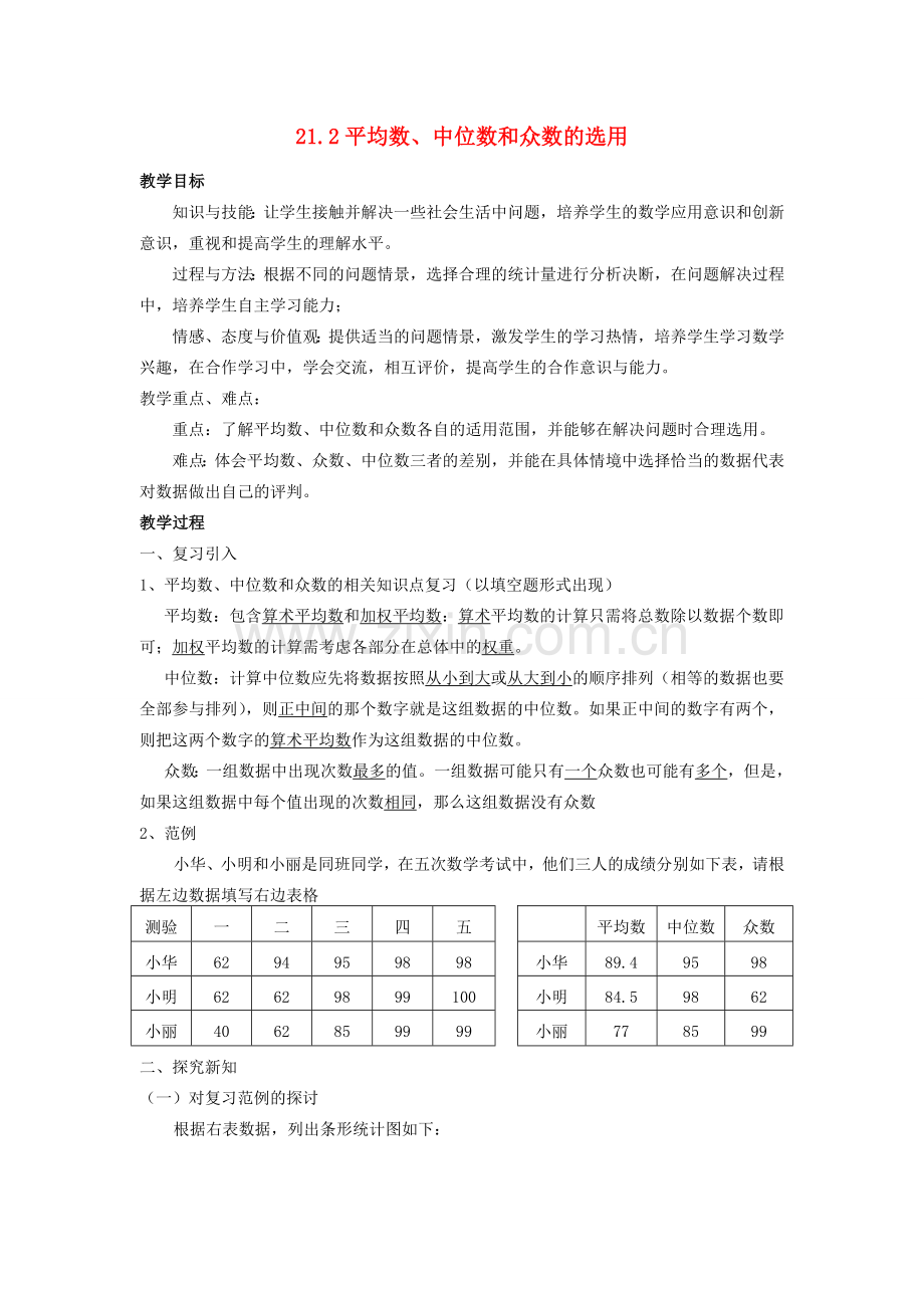 八年级数学下册21.2平均数、中位数和众数的选用华东师大版.doc_第1页