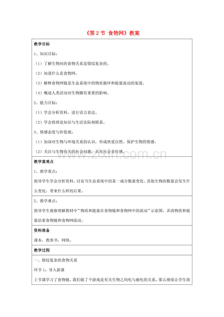 七年级生物上册 第三单元 第六章 第2节 食物网教案 （新版）苏科版-（新版）苏科版初中七年级上册生物教案.doc_第1页