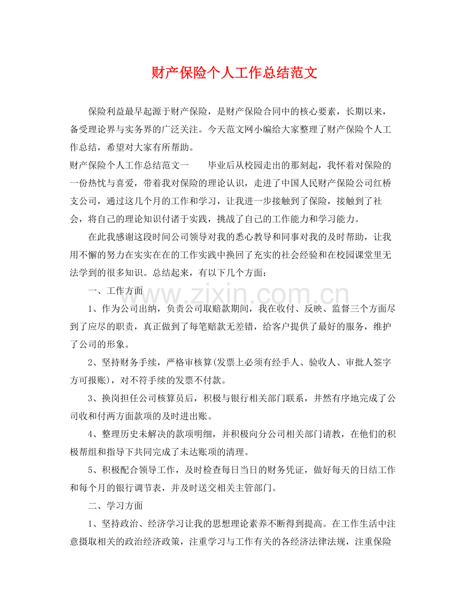 财产保险个人工作总结范文 .docx_第1页