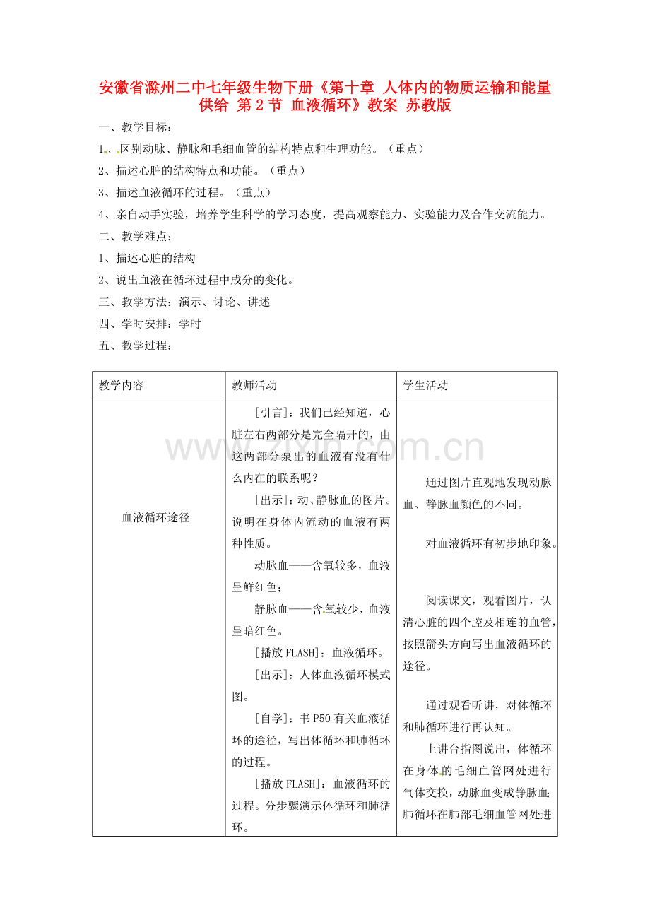 安徽省滁州二中七年级生物下册《第十章 人体内的物质运输和能量供给 第2节 血液循环》教案 苏教版.doc_第1页
