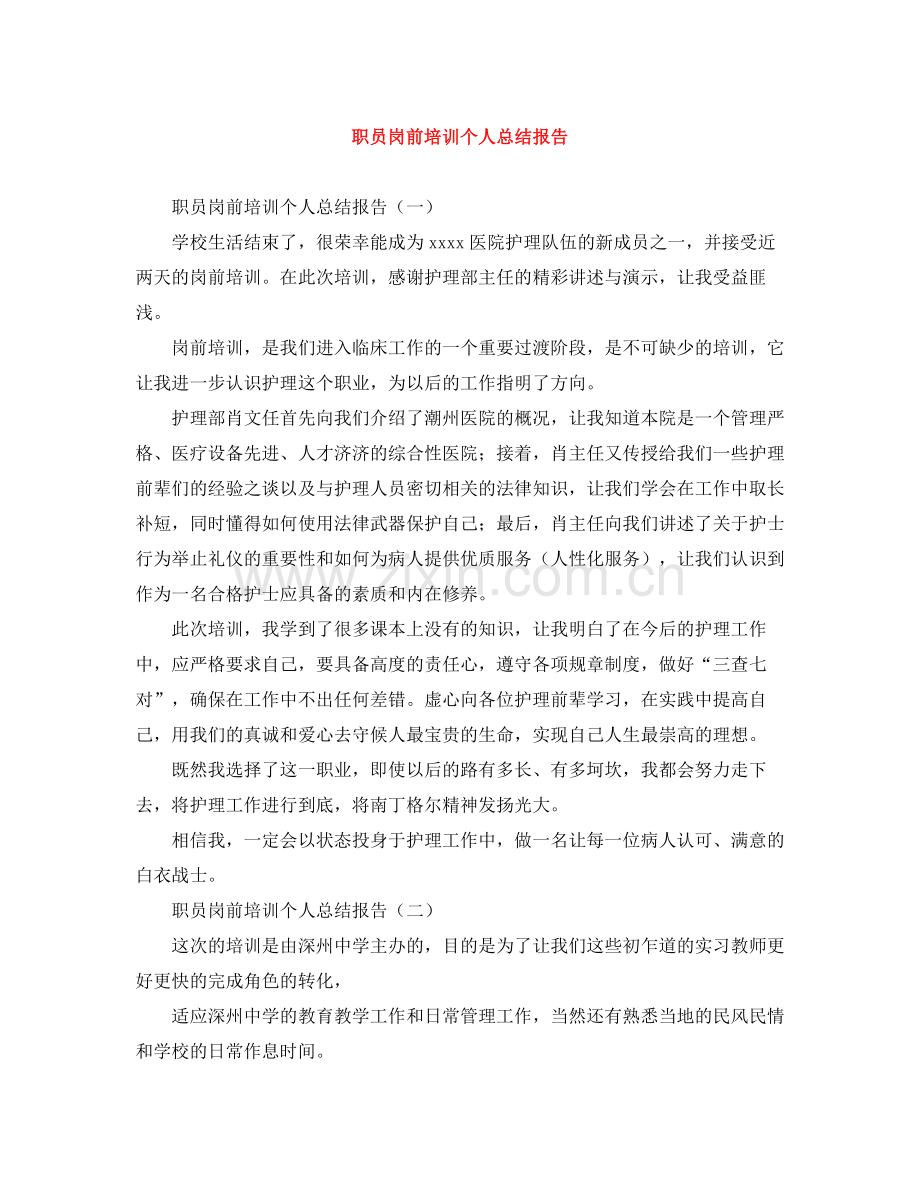 职员岗前培训个人总结报告.docx_第1页