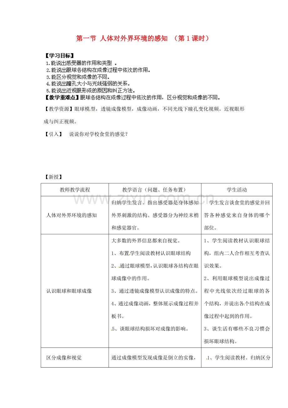 湖南省株洲县渌口镇中学七年级生物下册 第四单元 第六章 第一节 人体对外界环境的感知（第1课时）教案 新人教版.doc_第1页