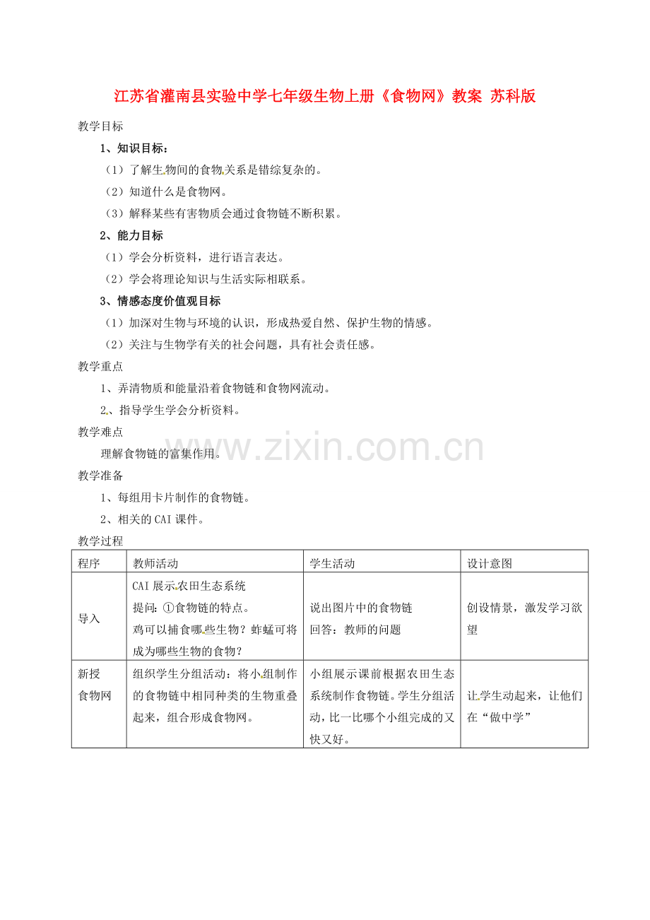 江苏省灌南县实验中学七年级生物上册《食物网》教案 苏科版.doc_第1页