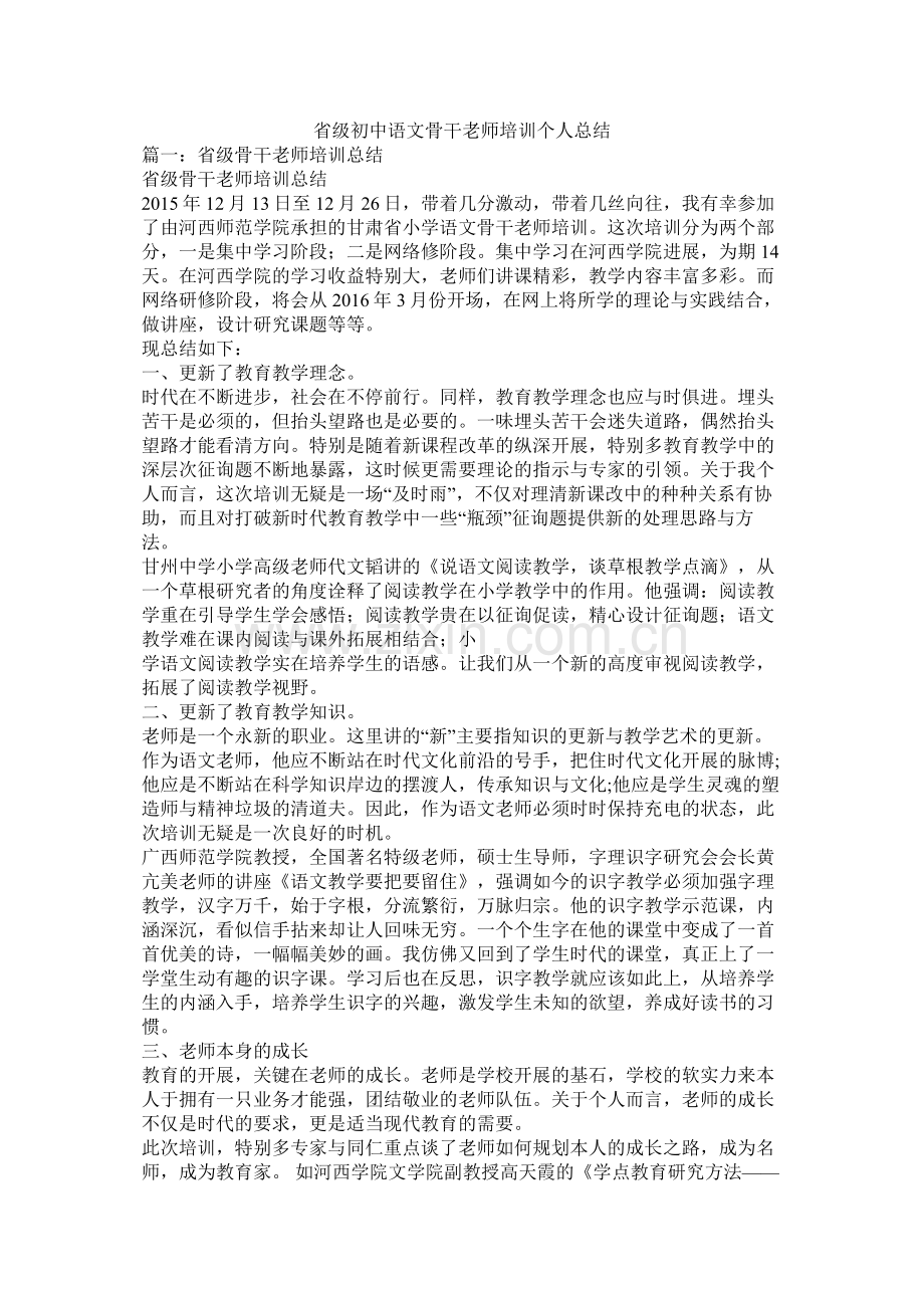 省级初中语文骨干教师培训个人总结.docx_第1页