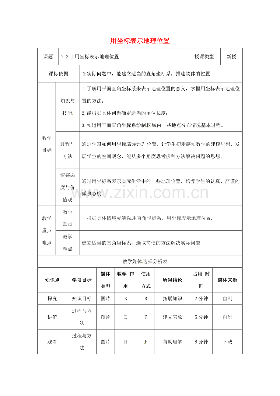 陕西省安康市石泉县池河镇七年级数学下册 7.2 坐标方法的简单应用 7.2.1 用坐标表示地理位置教案 （新版）新人教版-（新版）新人教版初中七年级下册数学教案.doc_第1页