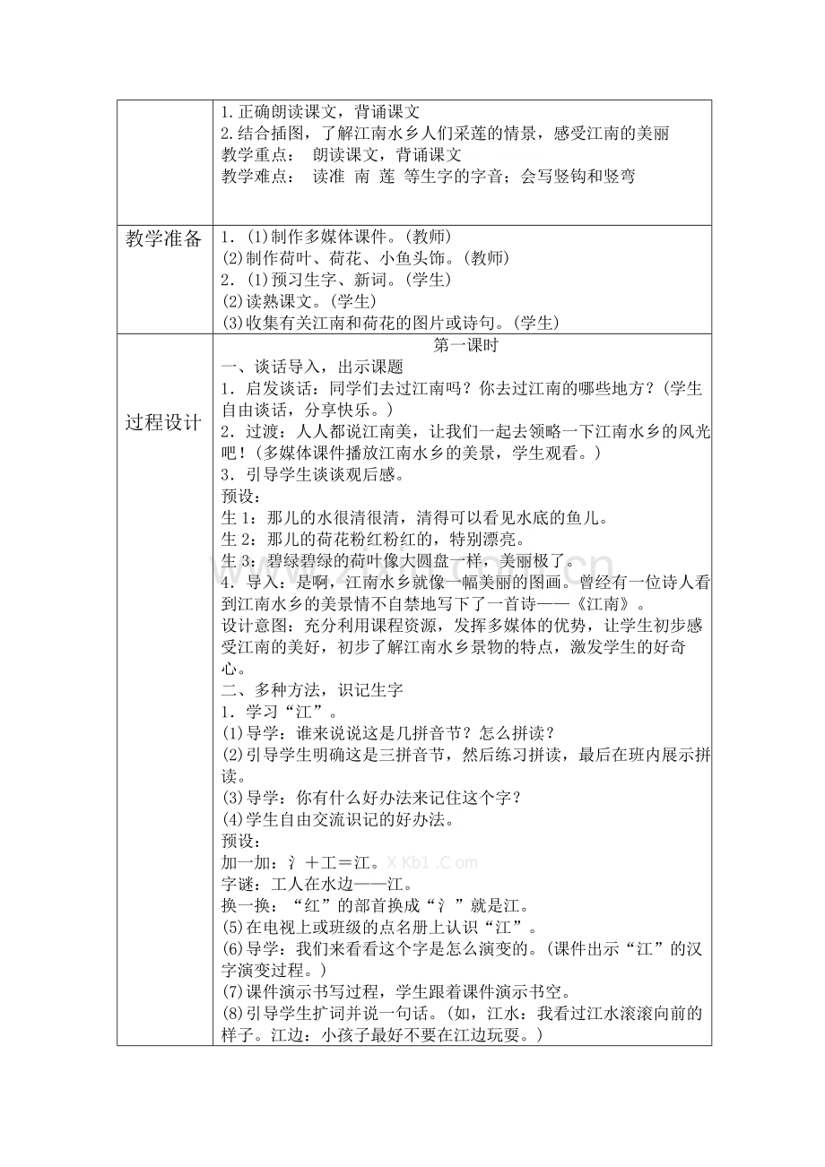 部编版一年级上册3江南教学设计表格式.doc_第2页