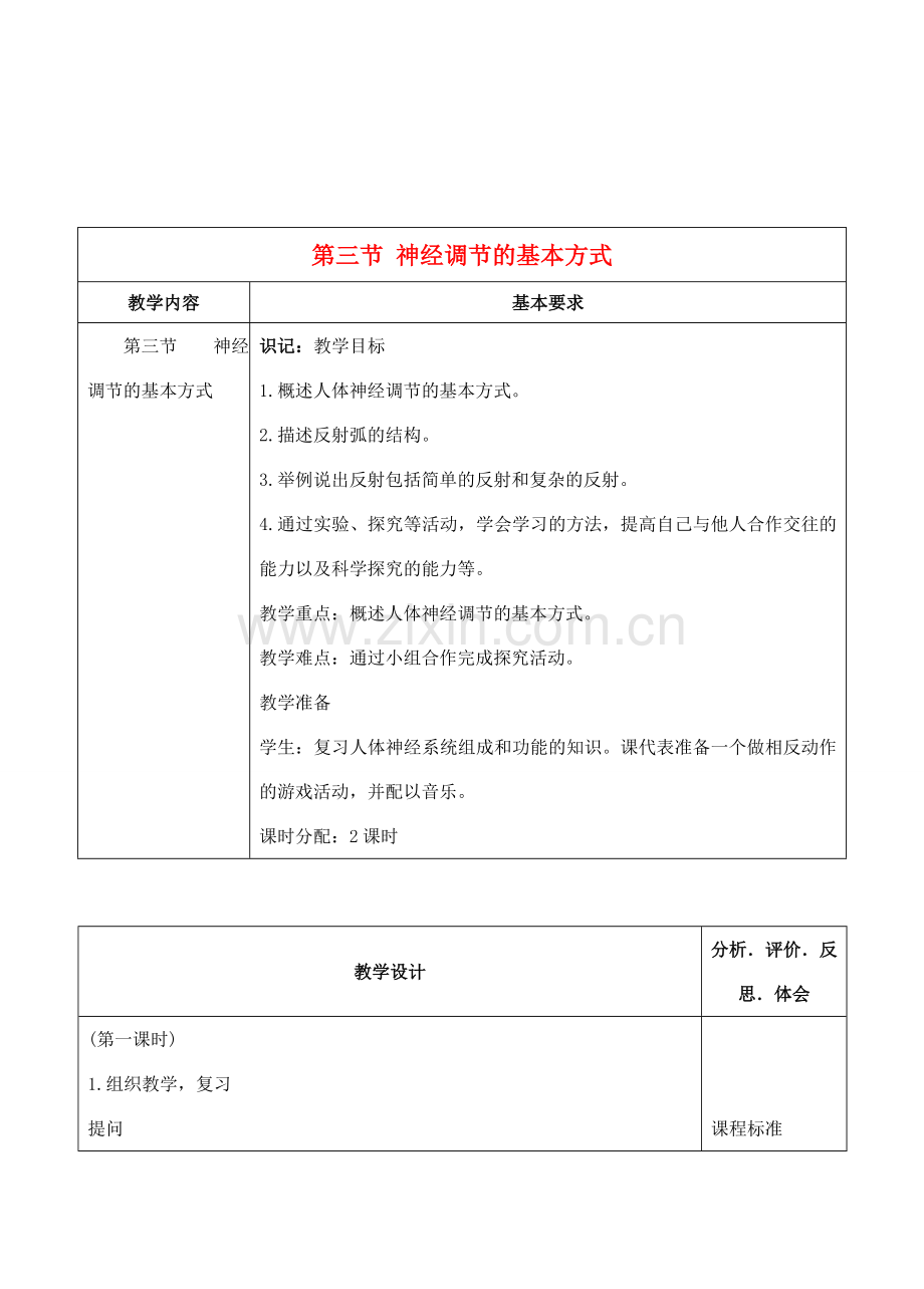 七年级生物下册 6.3 神经调节的基本方式教学设计 人教版.doc_第1页