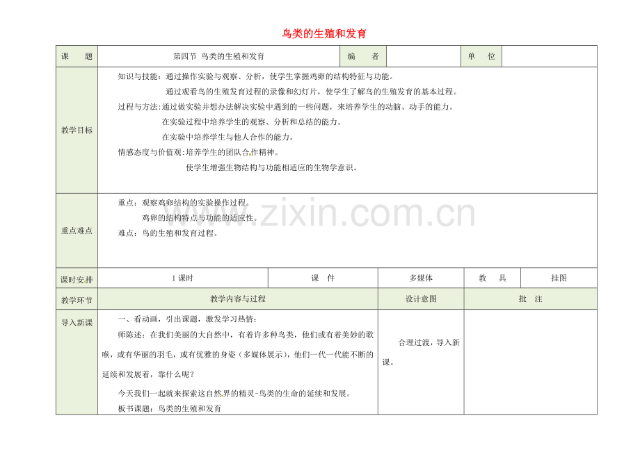 吉林省磐石市三棚中学八年级生物下册《7.1.4 鸟的生殖和发育》教案 新人教版.doc_第1页