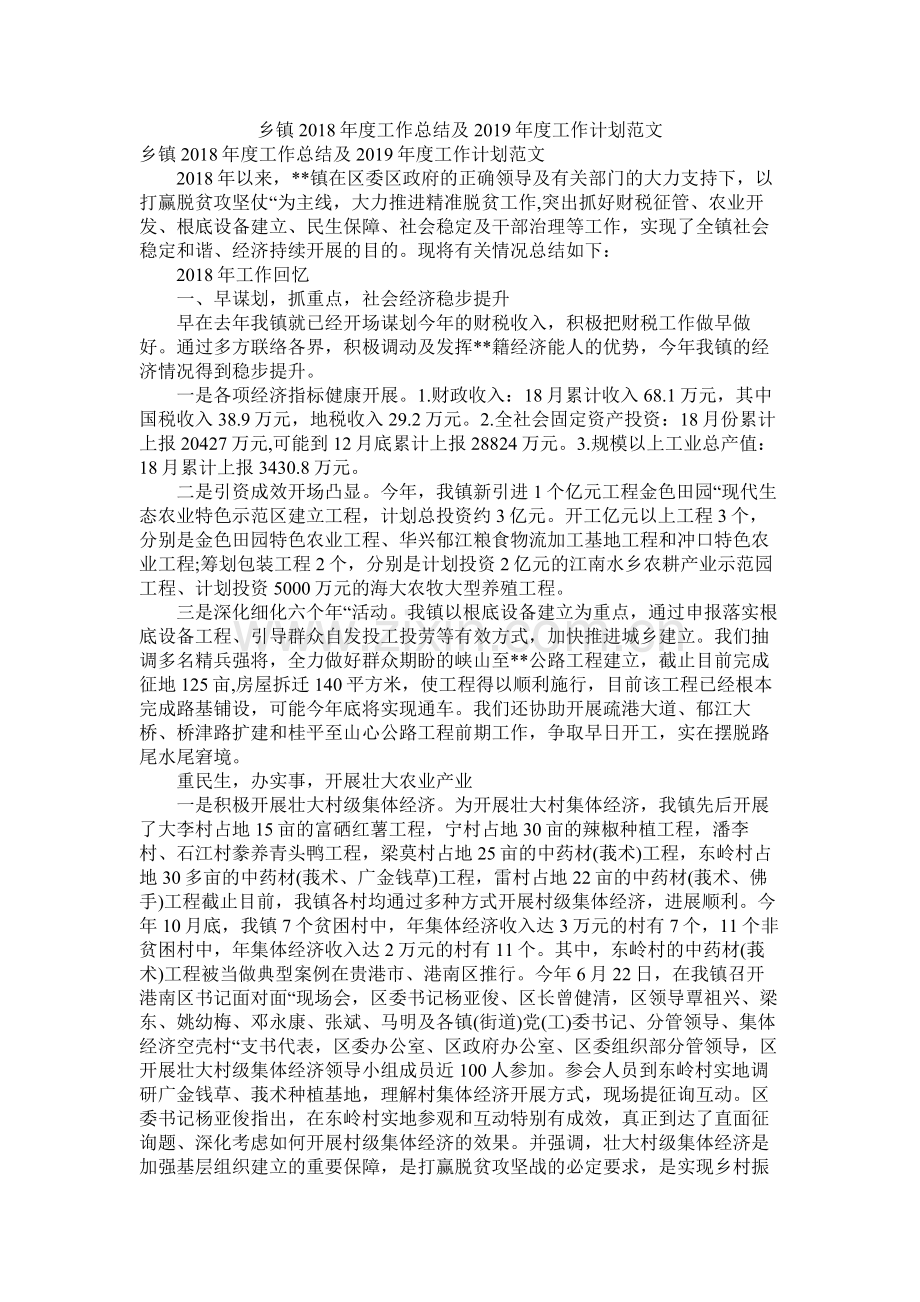 乡镇年度工作总结及年度工作计划范文.docx_第1页