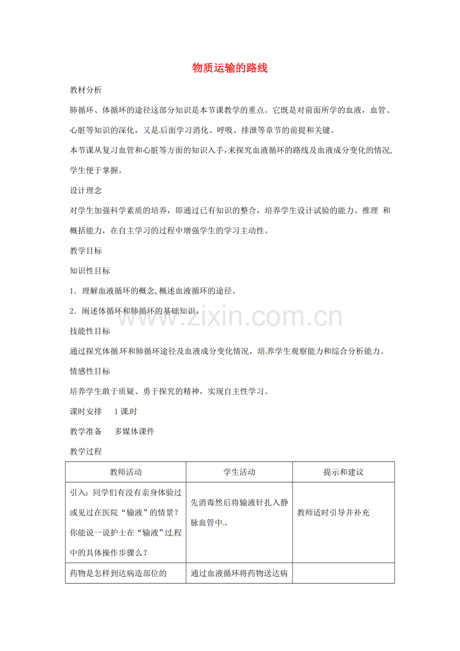 七年级生物下册 2.2.3物质运输的路线教学设计 （新版）冀教版-（新版）冀教版初中七年级下册生物教案.doc_第1页