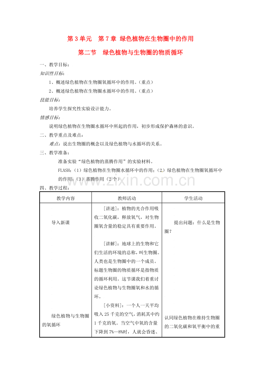 七年级生物上册 7.2 绿色植物与生物圈的物质循环教案 苏教版.doc_第1页