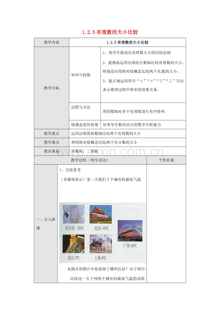 广东省东莞市寮步镇泉塘村七年级数学上册《1.2.5 有理数的大小比较》教案 （新版）新人教版-（新版）新人教版初中七年级上册数学教案.doc_第1页