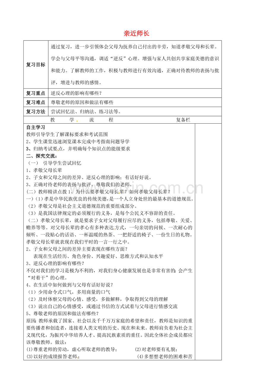 中考政治第一轮复习 八上 第二单元 亲近师长教案 苏教版-苏教版初中九年级全册政治教案.doc_第1页