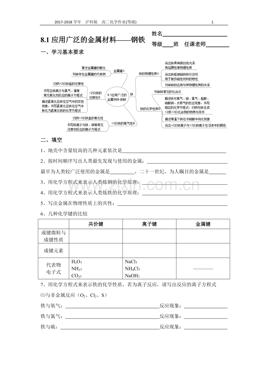 沪科版高二化学8.1应用广泛的金属材料作业(等级).doc_第1页