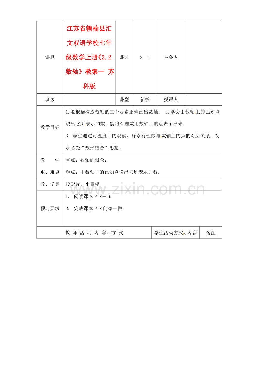 江苏省赣榆县汇文双语学校七年级数学上册《2.2数轴》教案一 苏科版.doc_第1页