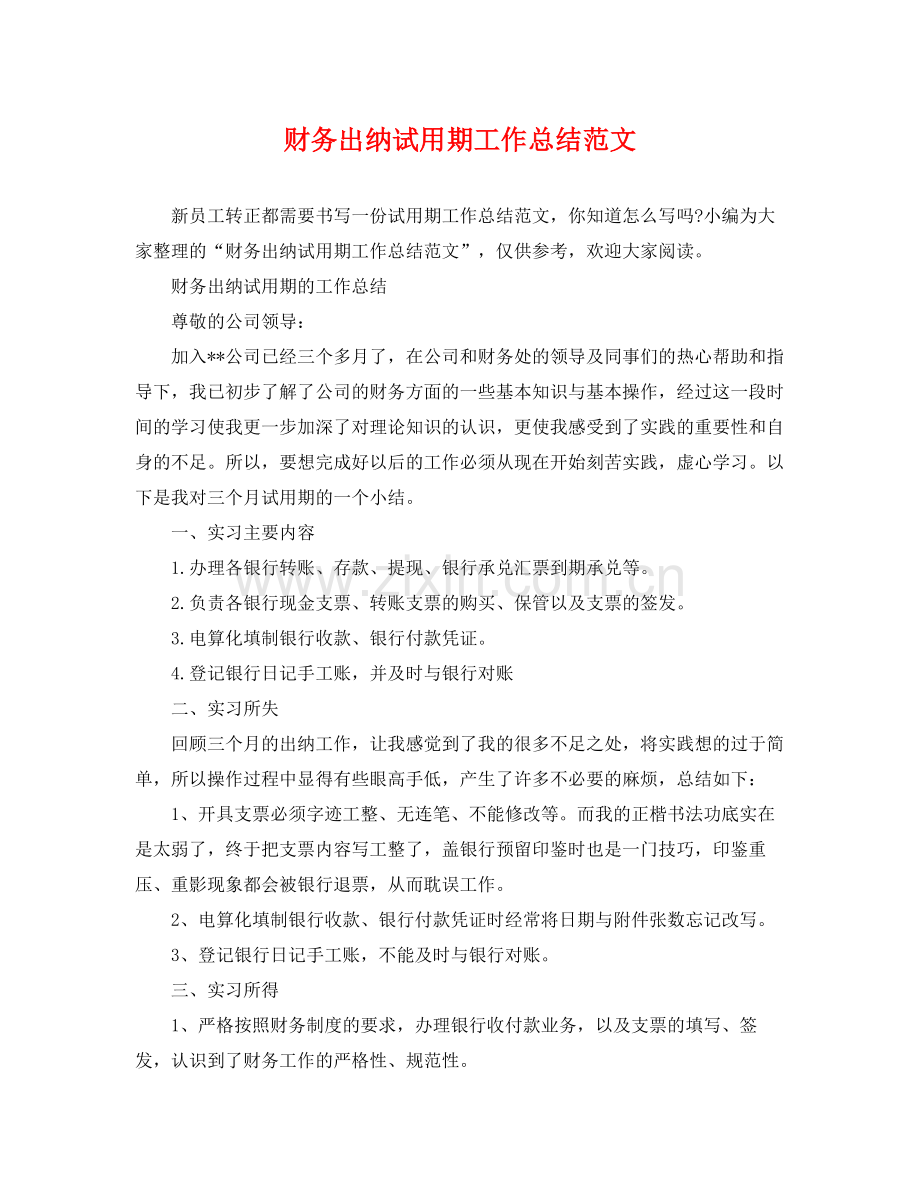 财务出纳试用期工作总结范文 .docx_第1页