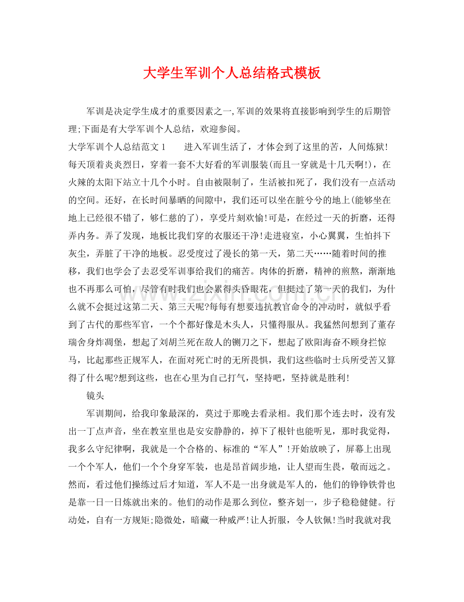 大学生军训个人总结格式模板 .docx_第1页