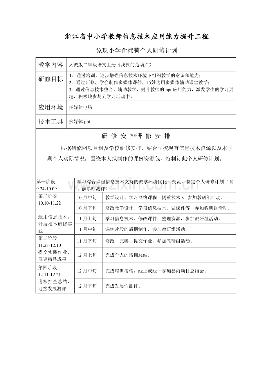 俞祎莉个人研修计划.doc_第1页