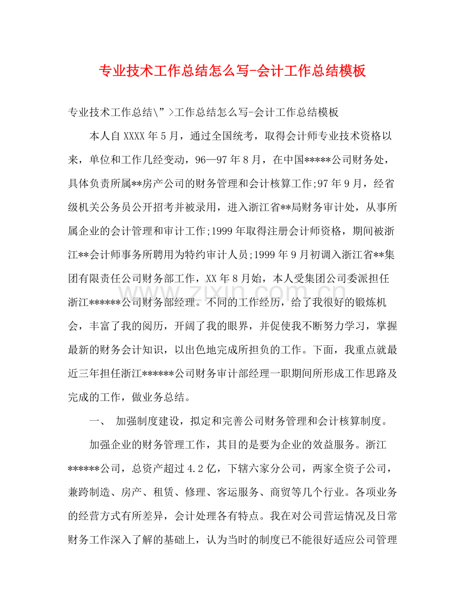专业技术工作总结怎么写会计工作总结模板.docx_第1页