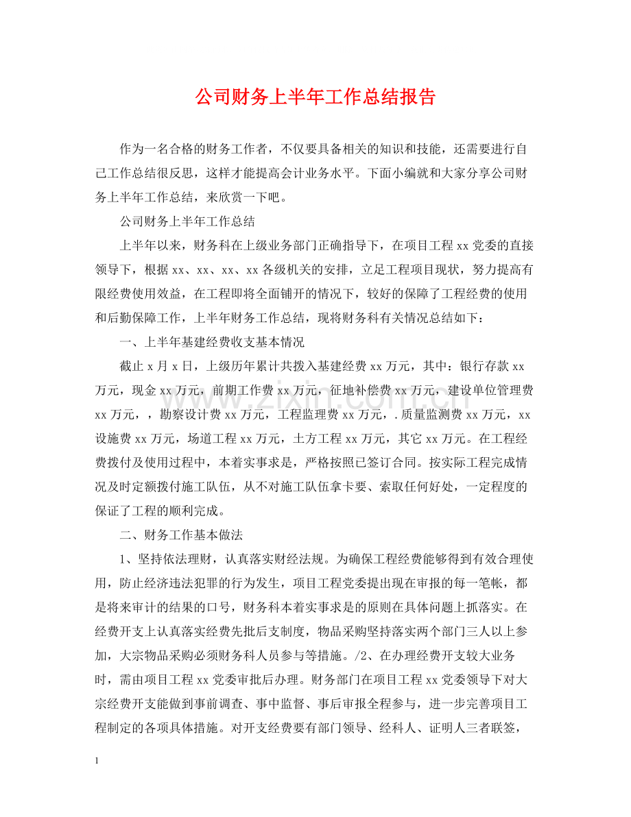 公司财务上半年工作总结报告.docx_第1页