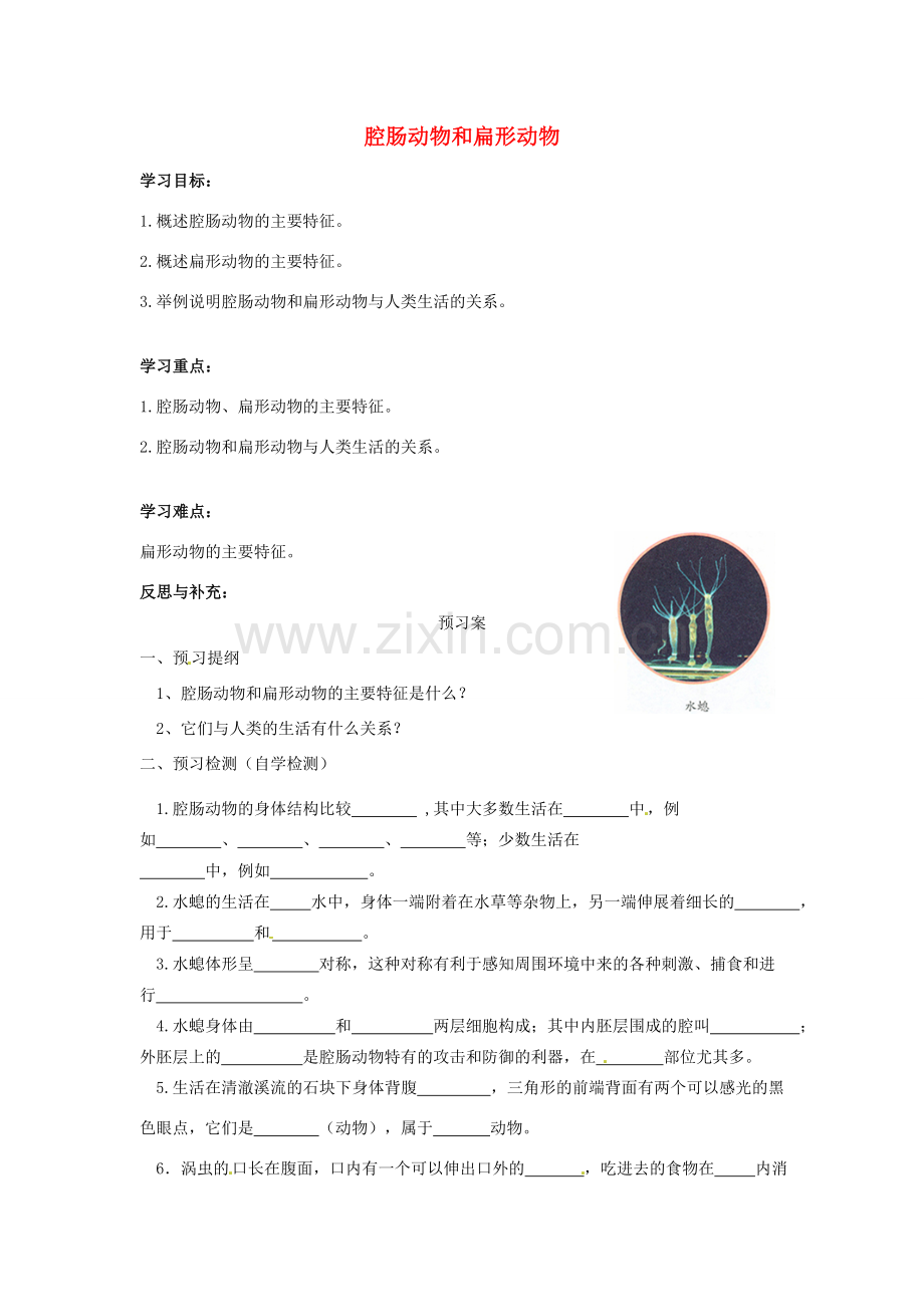 八年级生物上册 5.1.1 腔肠动物和扁形动物导学案（无答案）（新版）新人教版.doc_第1页