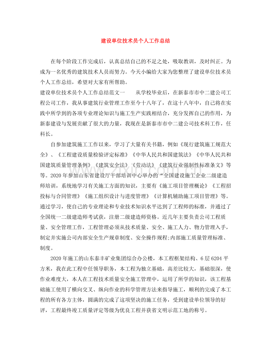 建设单位技术员个人工作总结.docx_第1页