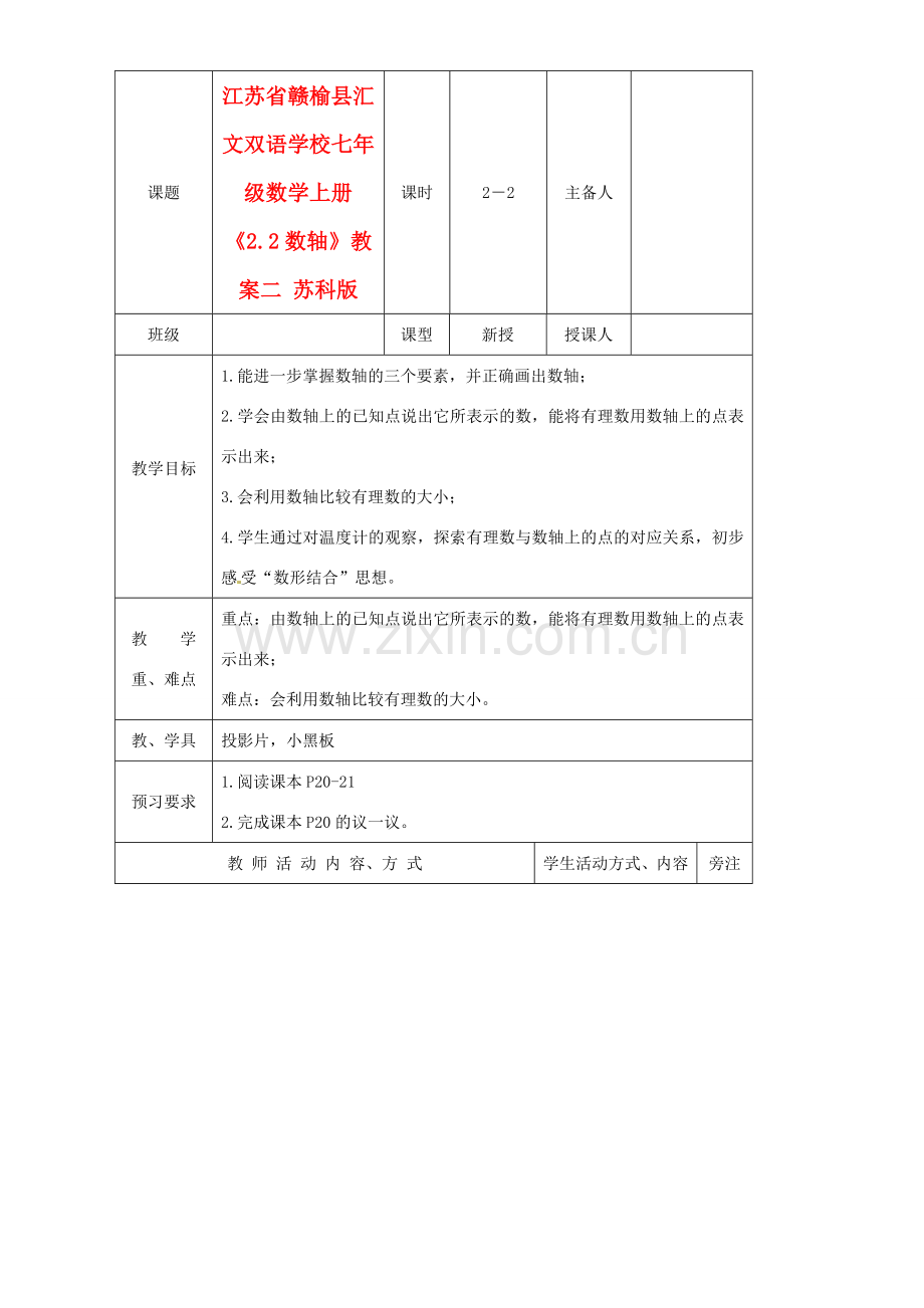 江苏省赣榆县汇文双语学校七年级数学上册《2.2数轴》教案二 苏科版.doc_第1页