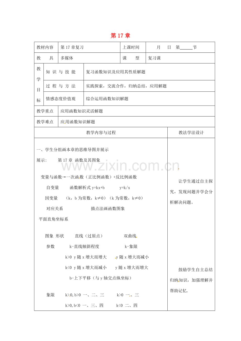 吉林省长春市双阳区八年级数学下册 17 函数及其图象复习课教案1 （新版）华东师大版-（新版）华东师大版初中八年级下册数学教案.doc_第1页