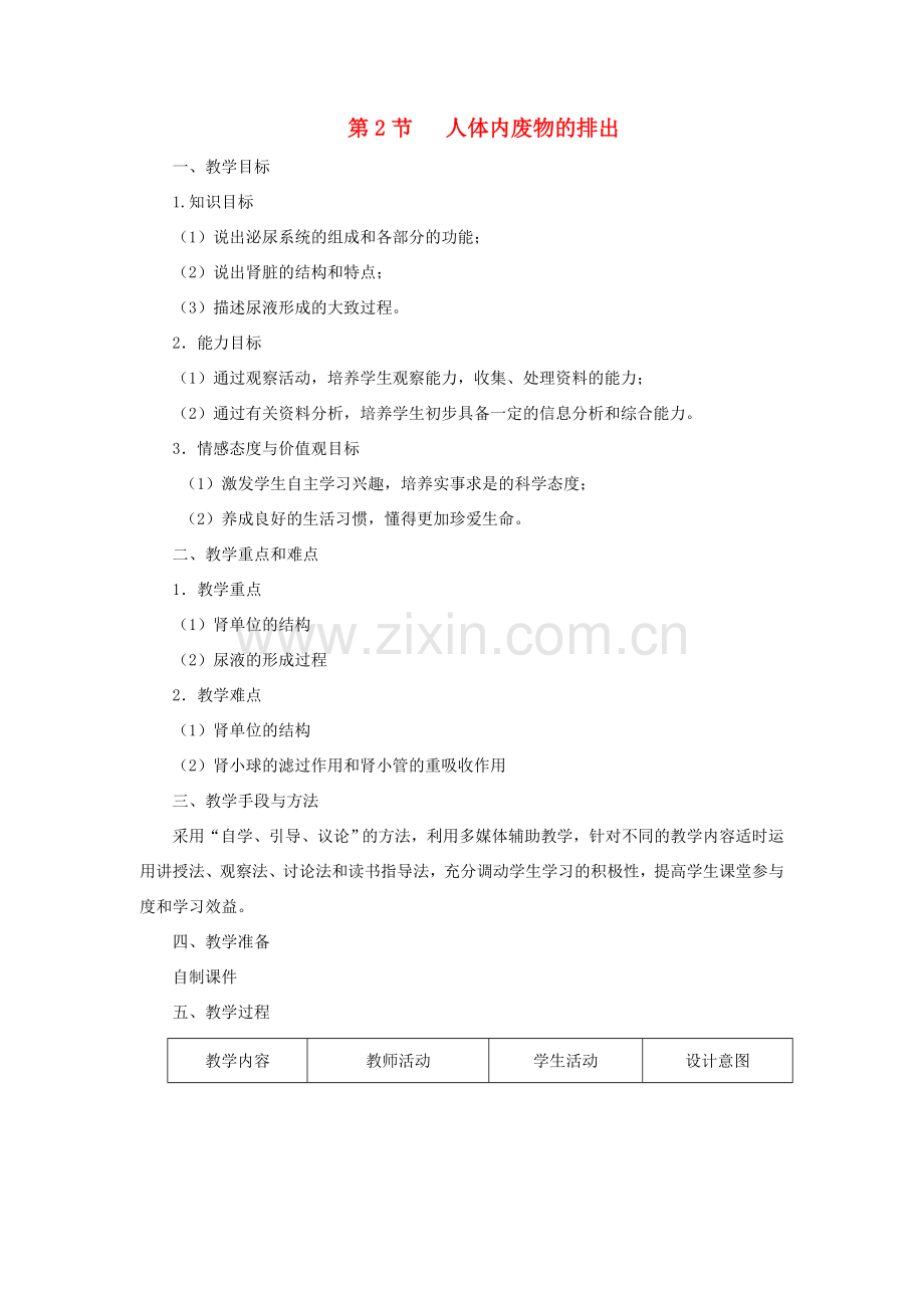 八年级生物上册 6.15.2《人体内废物的排出》教案 （新版）苏科版-（新版）苏科版初中八年级上册生物教案.doc_第1页