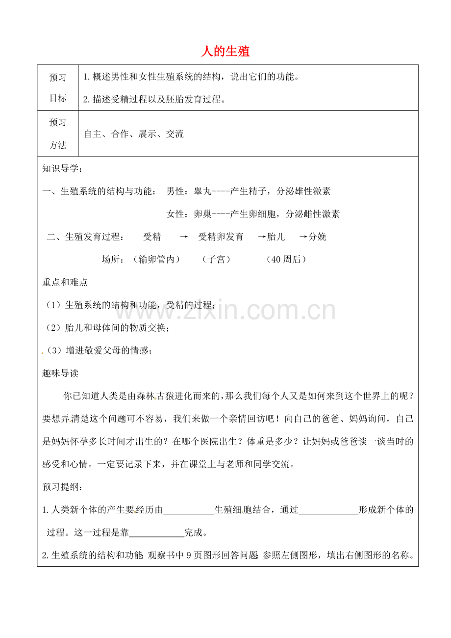 湖南省耒阳市冠湘中学七年级生物下册 第4单元 第1章 第2节《人的生殖》教案 新人教版.doc_第1页