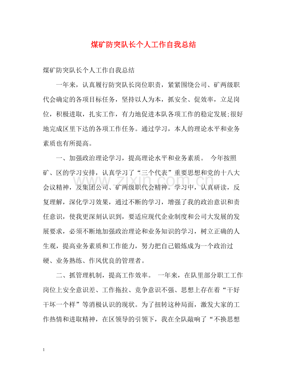 煤矿防突队长个人工作自我总结.docx_第1页