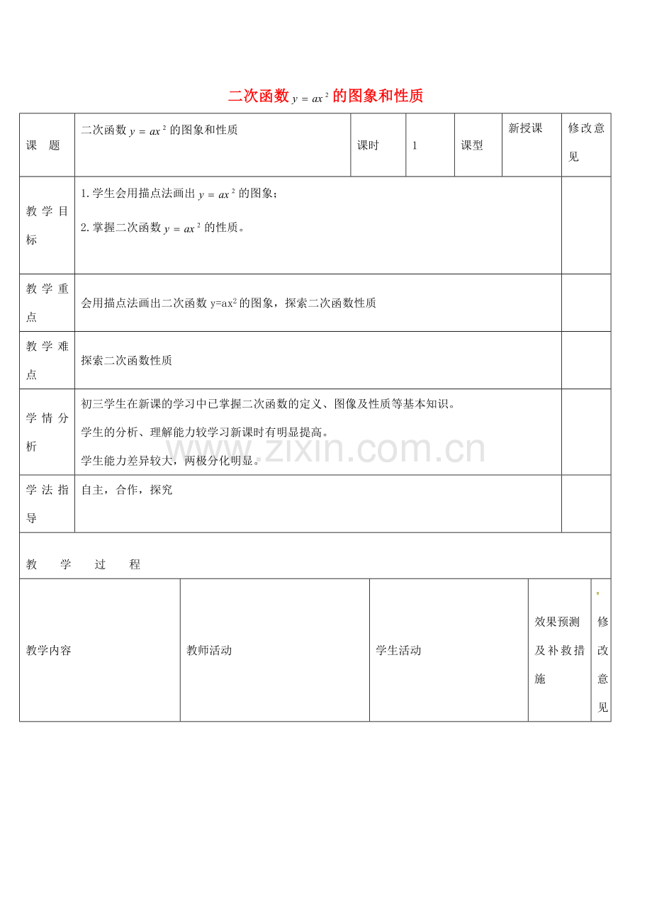 四川省华蓥市明月镇九年级数学上册 22.1.2 二次函数yax2的图象和性质教案 （新版）新人教版-（新版）新人教版初中九年级上册数学教案.doc_第1页