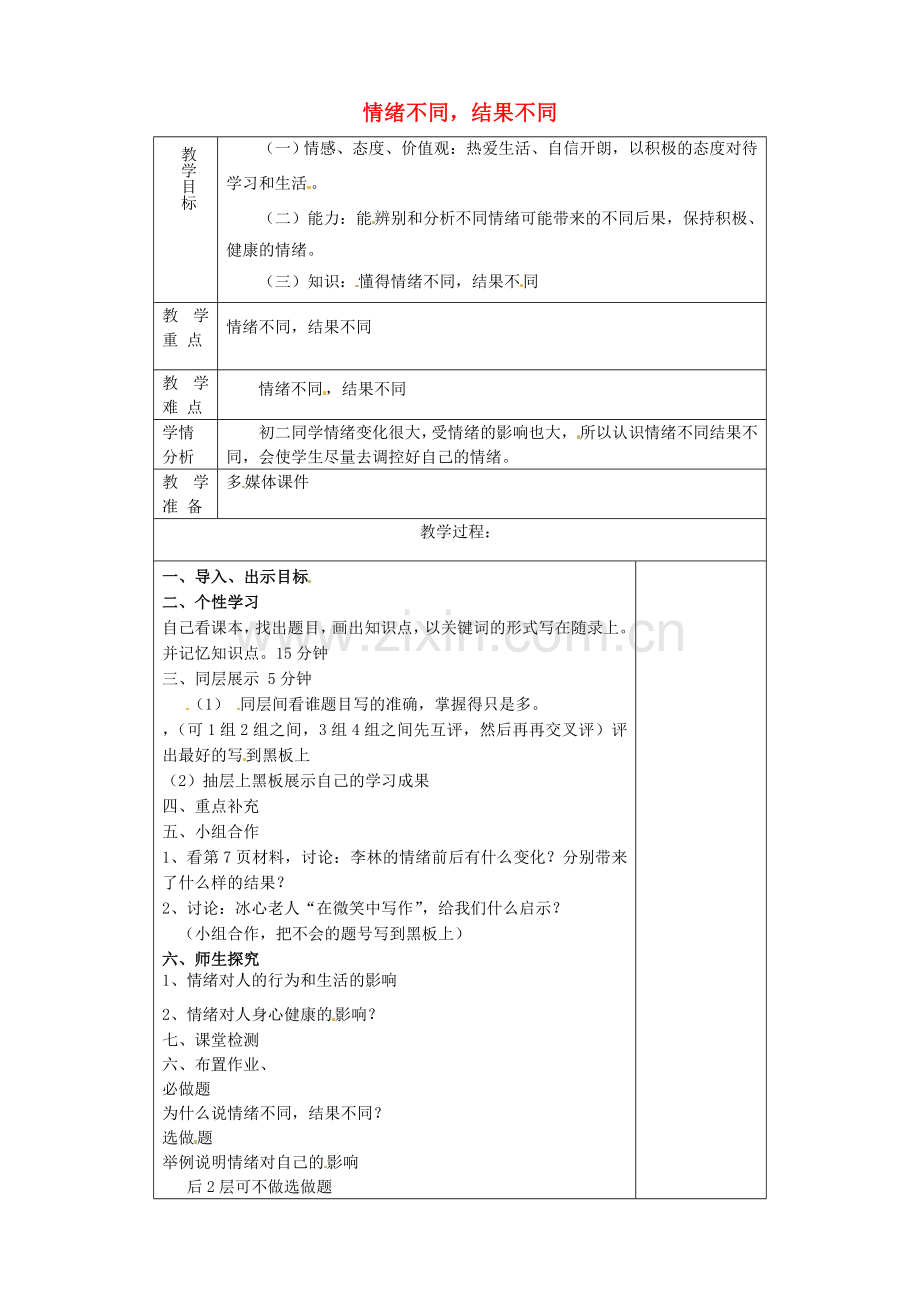山东省淄博市临淄区第八中学七年级政治下册《情绪不同结果不同》教案 鲁教版.doc_第1页