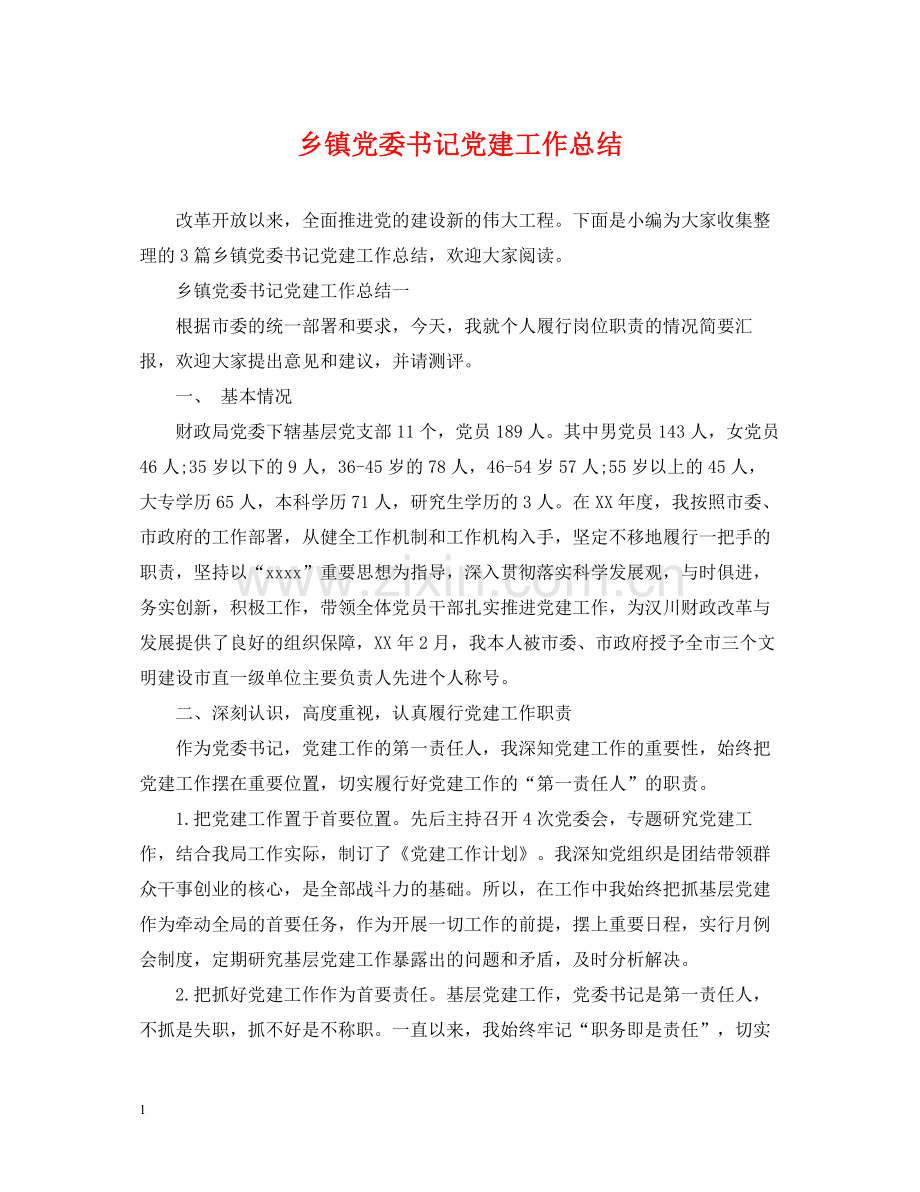 乡镇党委书记党建工作总结.docx_第1页