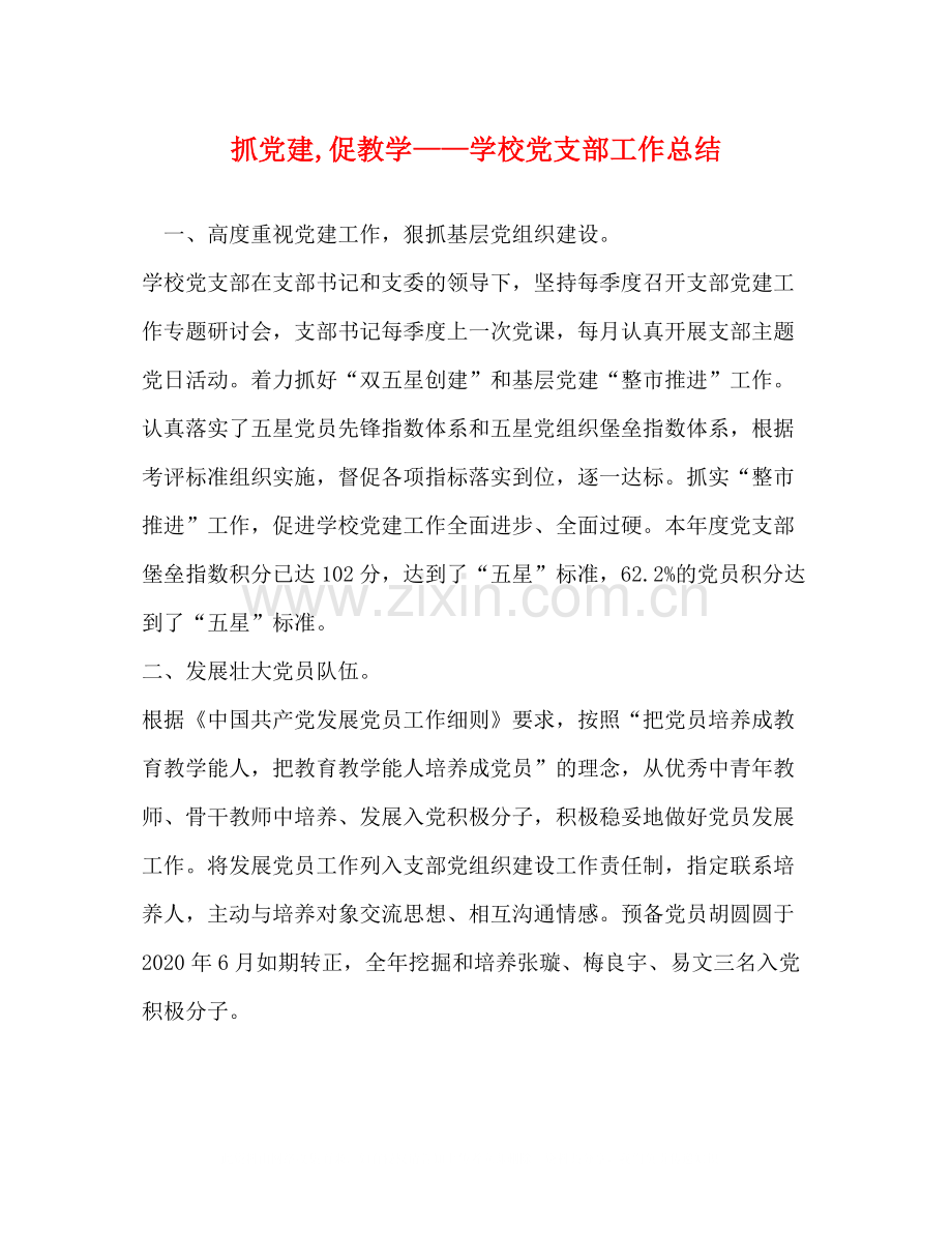抓党建促教学学校党支部工作总结.docx_第1页