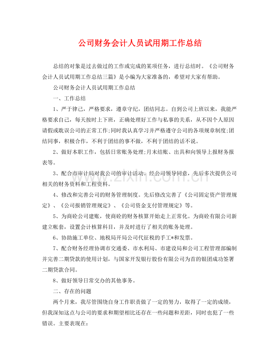 公司财务会计人员试用期工作总结 .docx_第1页