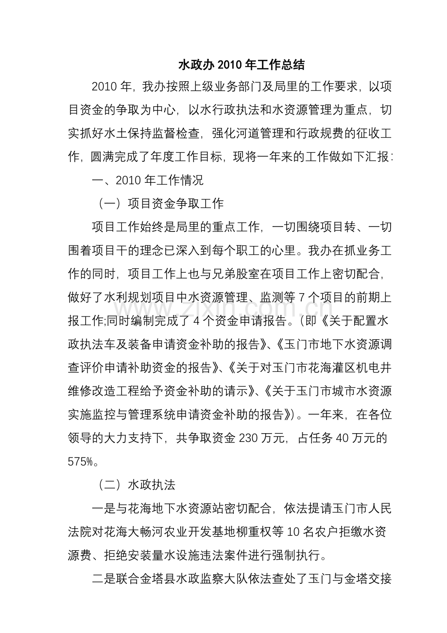 水政办2010年工作总结.doc_第1页