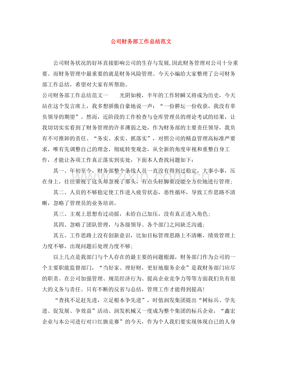公司财务部工作总结范文.docx_第1页